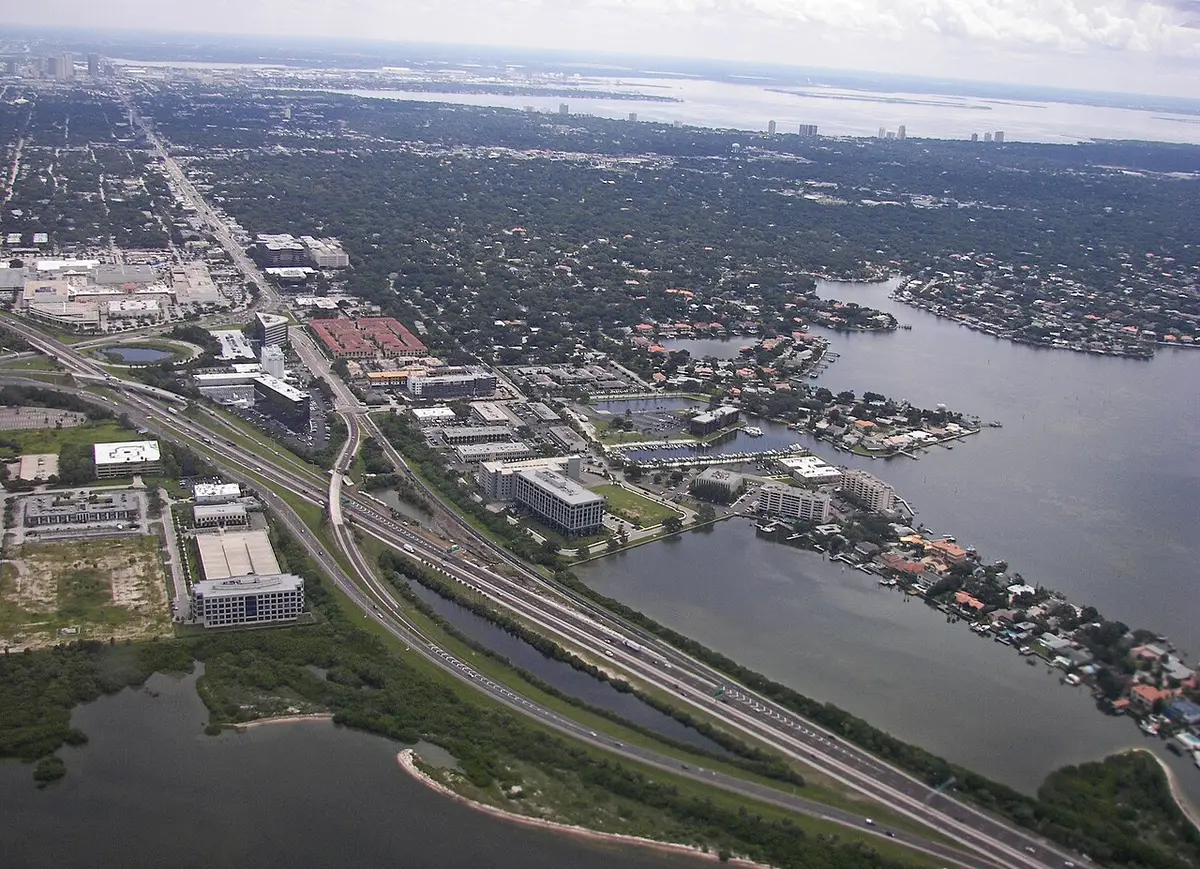 Hillsborough County, FL — Aerial view of west Tampa, Florida from near the Tampa end of the Howard Frankland Bridge.