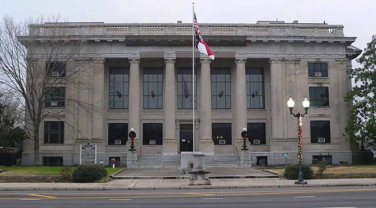 Johnston County, NC — Johnston County courthouse, located at southeast corner of 2nd and Market Streets in Smithfield, North Carolina; seen from the northeast, across Market.
